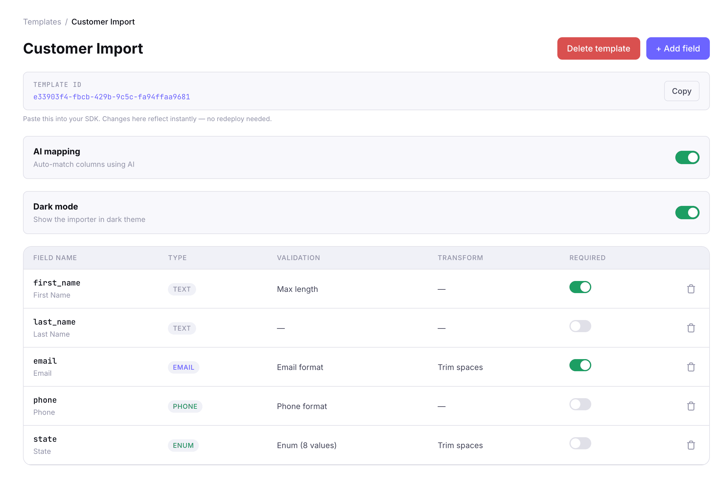 Filio template dashboard showing field configuration with validation, transforms, and AI mapping