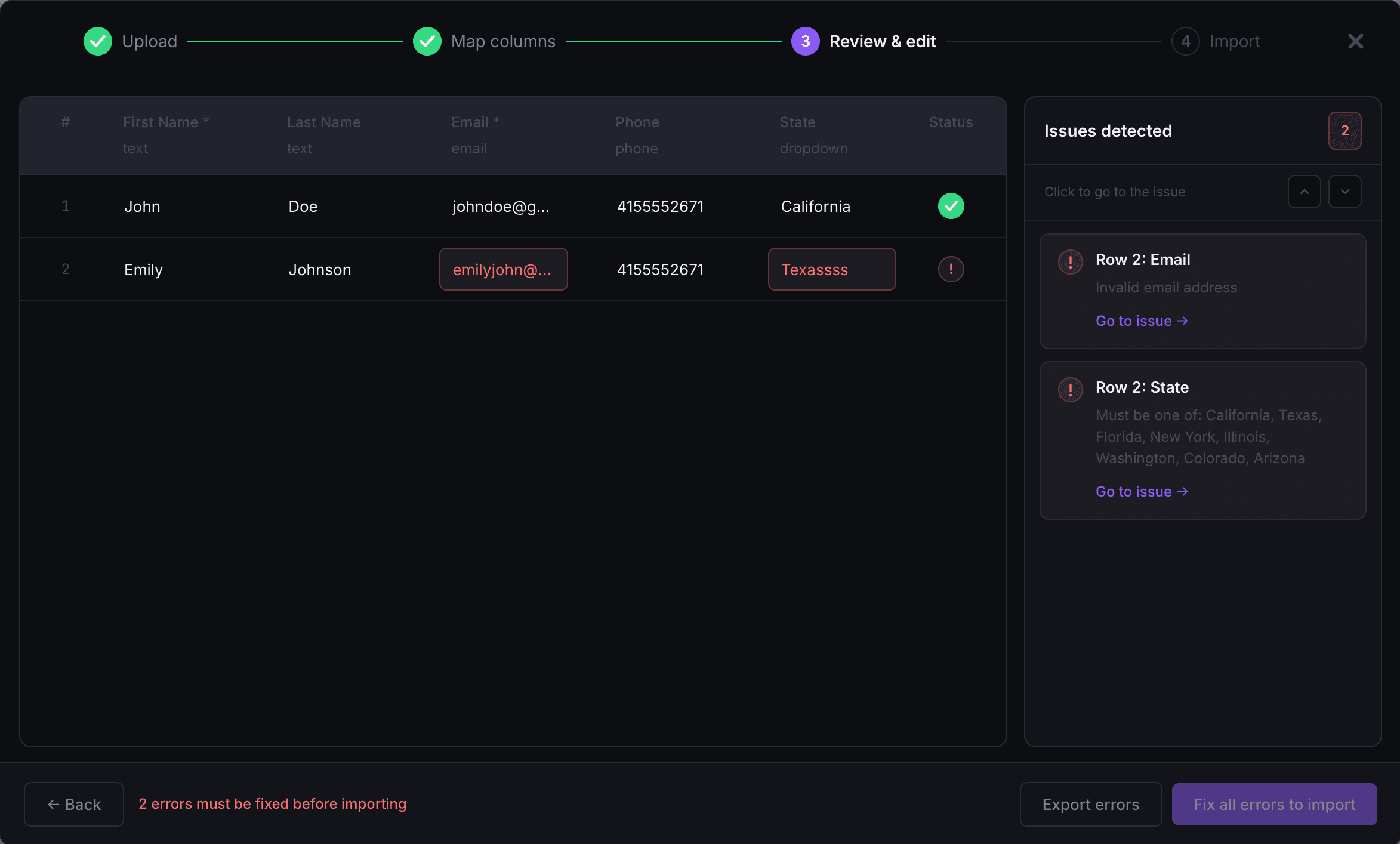 Filio importer in dark theme